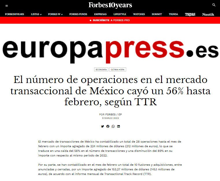El nmero de operaciones en el mercado transaccional de Mxico cay un 56% hasta febrero, segn TTR